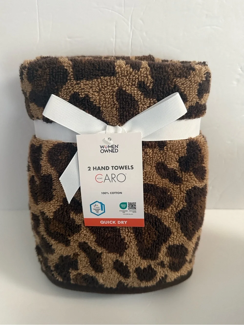 NWT Caro 6 Piece Quick Dry 100% Cotton Bath Towel Set Brown Tan Leopard Print